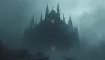 Silhouette d'une cathédrale gothique dans le brouillard