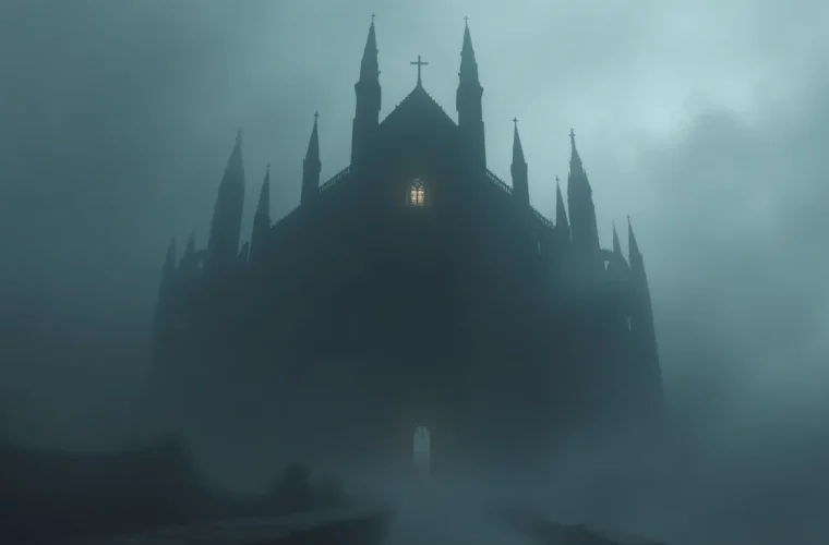 Silhouette d'une cathédrale gothique dans le brouillard