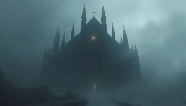 Silhouette d'une cathédrale gothique dans le brouillard