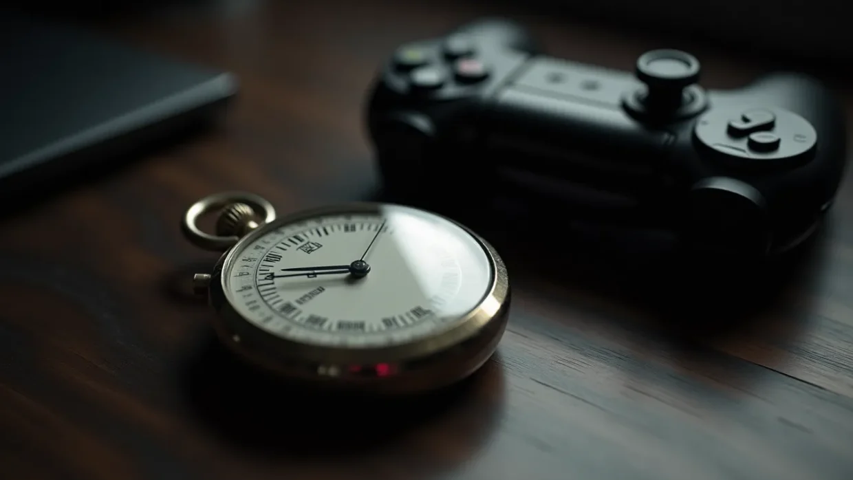 Chronomètre posé à côté d'une manette sur un bureau