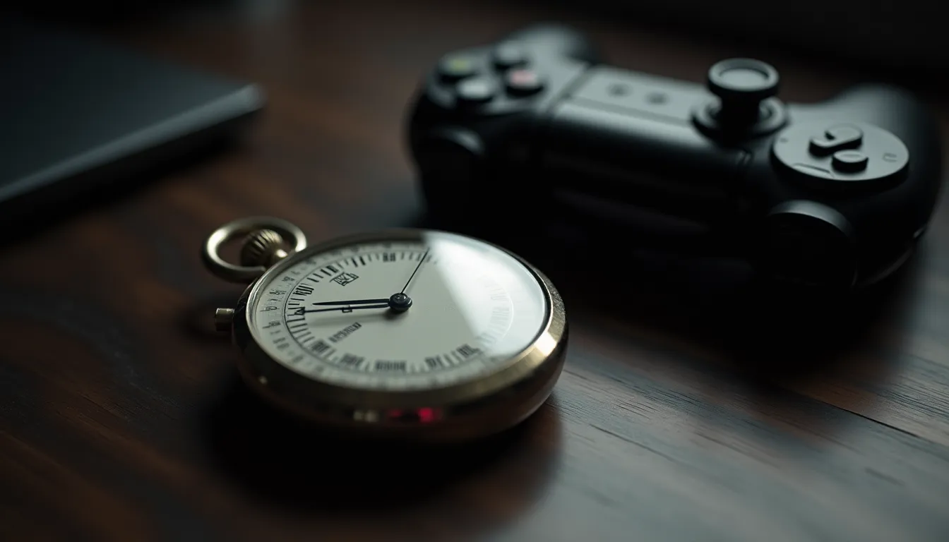 Chronomètre posé à côté d'une manette sur un bureau