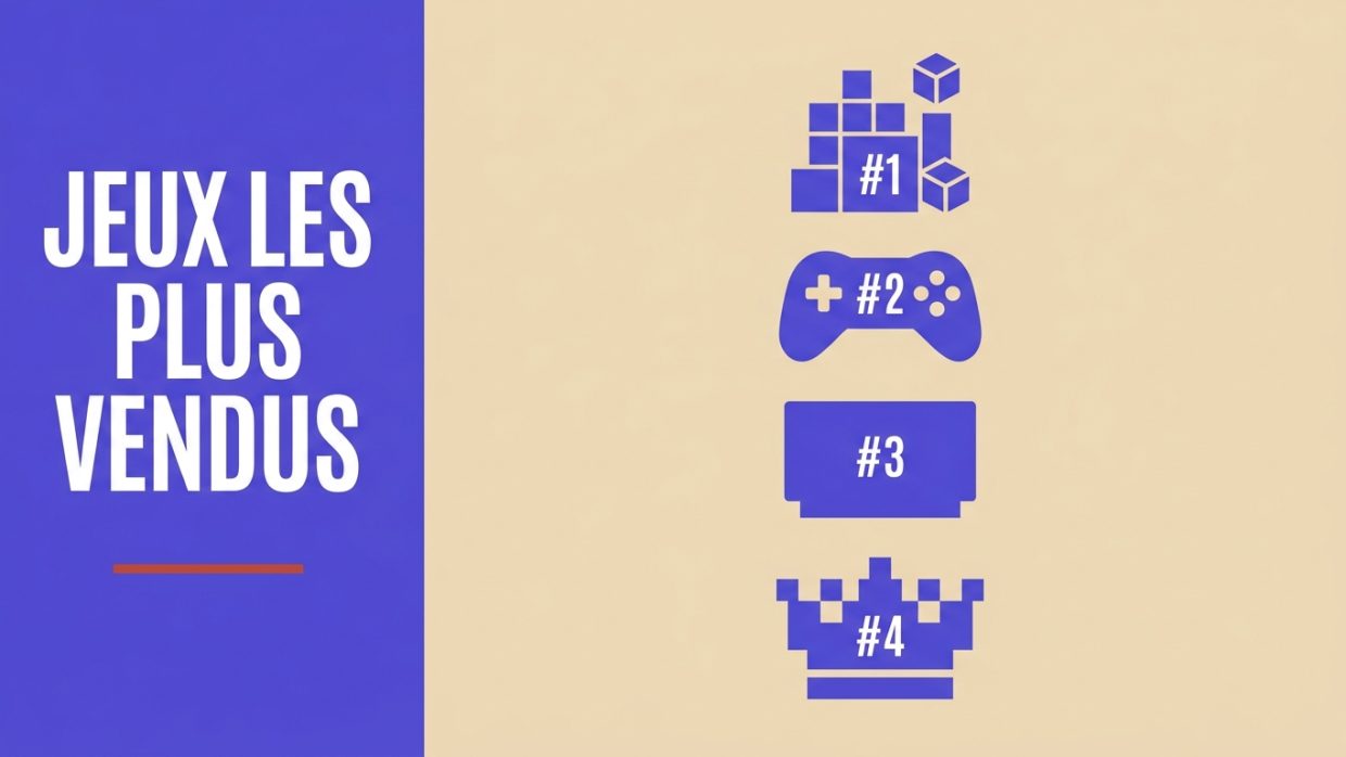 Visuel éditorial : titre JEUX LES PLUS VENDUS en blanc sur bandeau violet à gauche, ligne accent rouge brique, 4 silhouettes minimalistes verticales étiquetées 1 à 4 à droite (cubes, manette, cartouche rétro, couronne pixel-art), fond beige.
