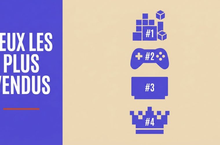Visuel éditorial : titre JEUX LES PLUS VENDUS en blanc sur bandeau violet à gauche, ligne accent rouge brique, 4 silhouettes minimalistes verticales étiquetées 1 à 4 à droite (cubes, manette, cartouche rétro, couronne pixel-art), fond beige.