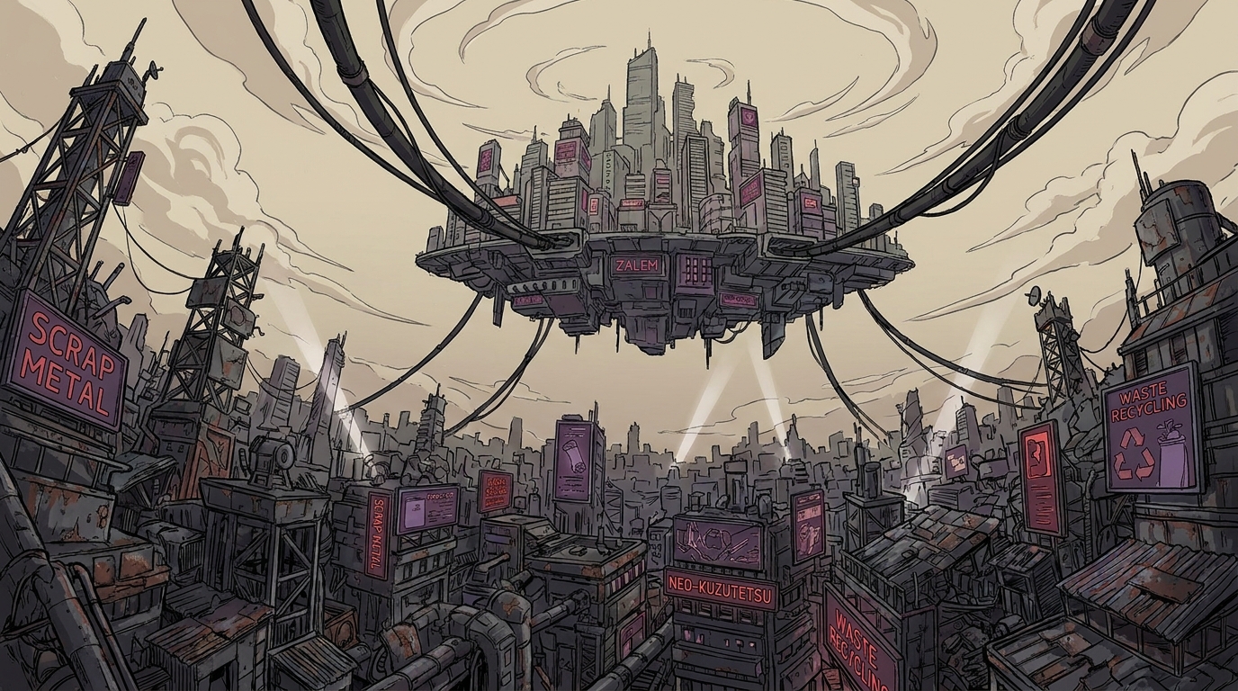 Vue d'une métropole suspendue dans le ciel, Zalem, au-dessus d'un paysage de décharge cyberpunk éclairé par des néons.