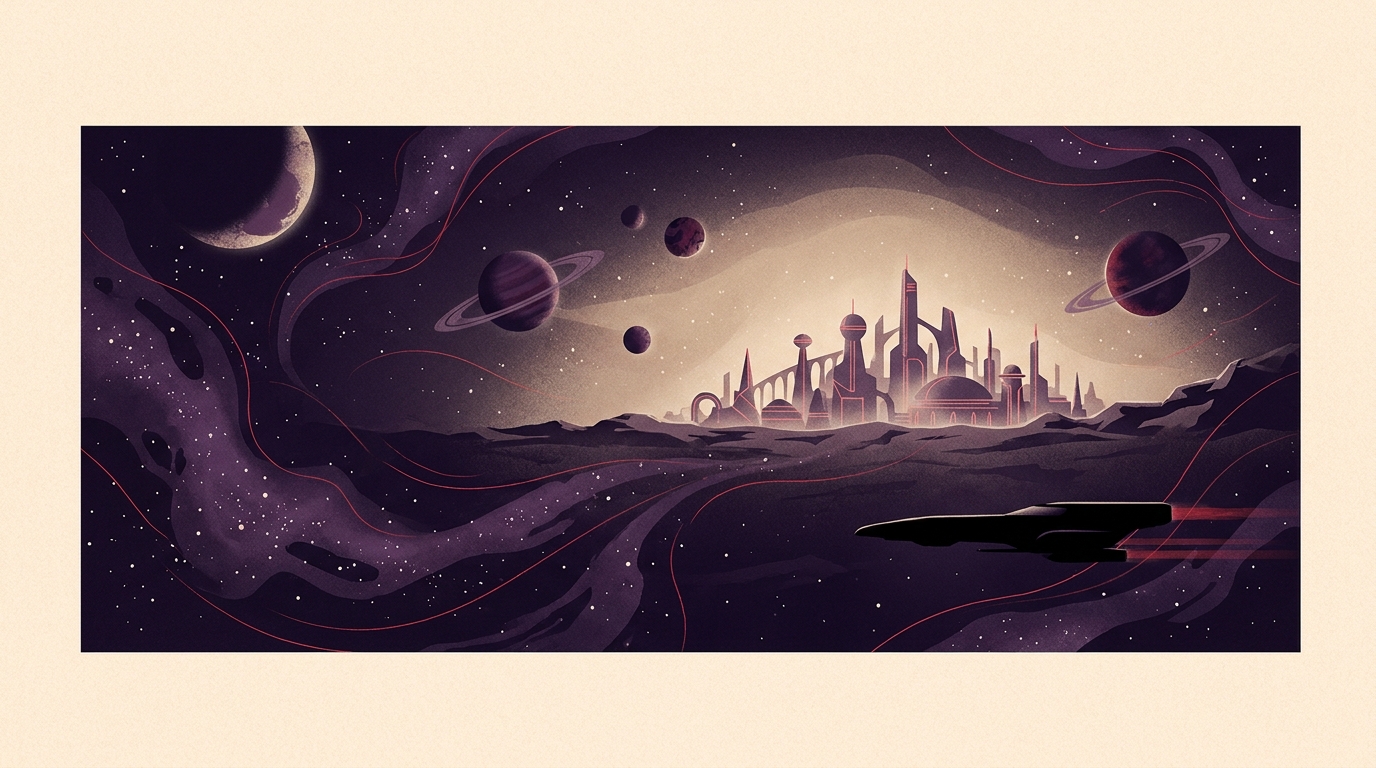 Vaste étendue spatiale avec plusieurs planètes, silhouette de vaisseau et cité alien à l'horizon, palette deep purple et beige.
