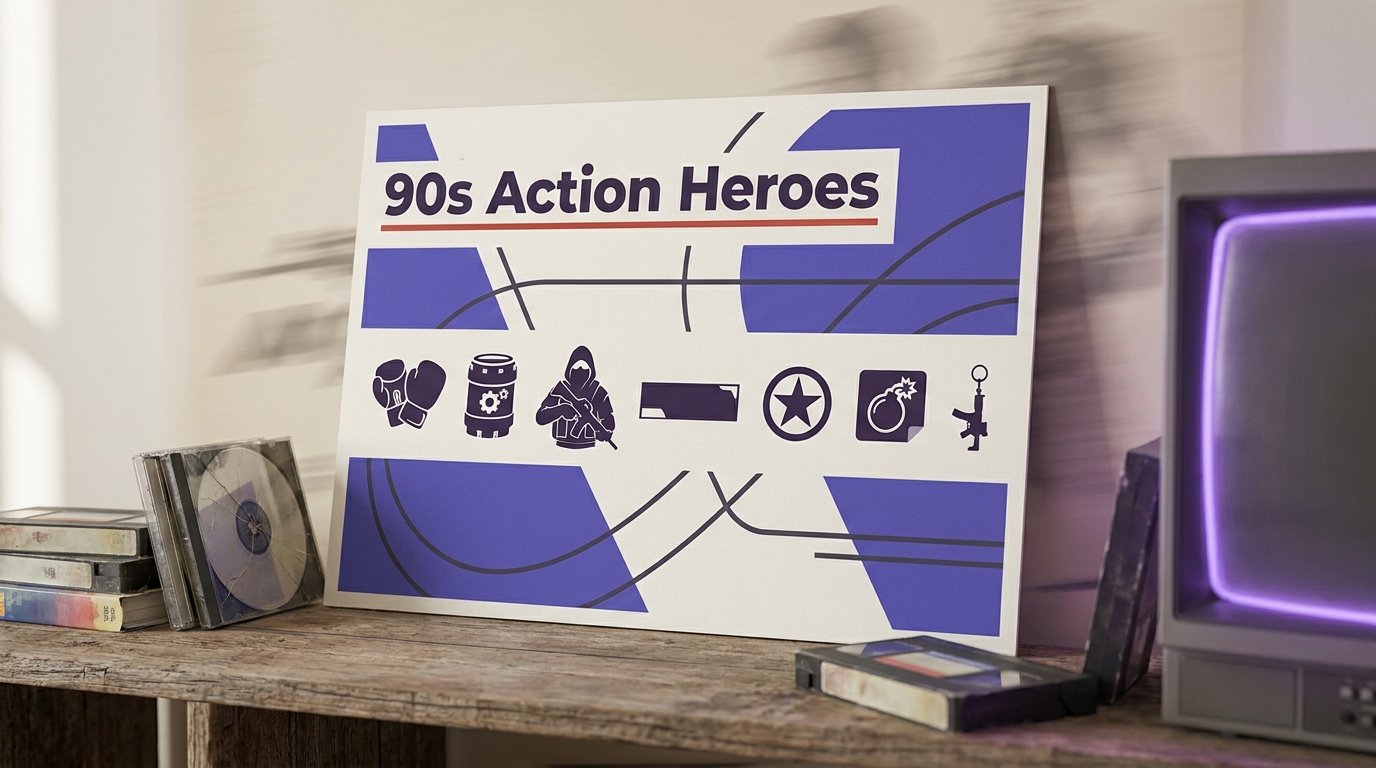 Affiche éditeur de l'événement '90s Action Heroes posée contre une étagère en bois, écran CRT à tube cathodique avec liseré violet sur la droite, VHS et CD disposés à côté.
