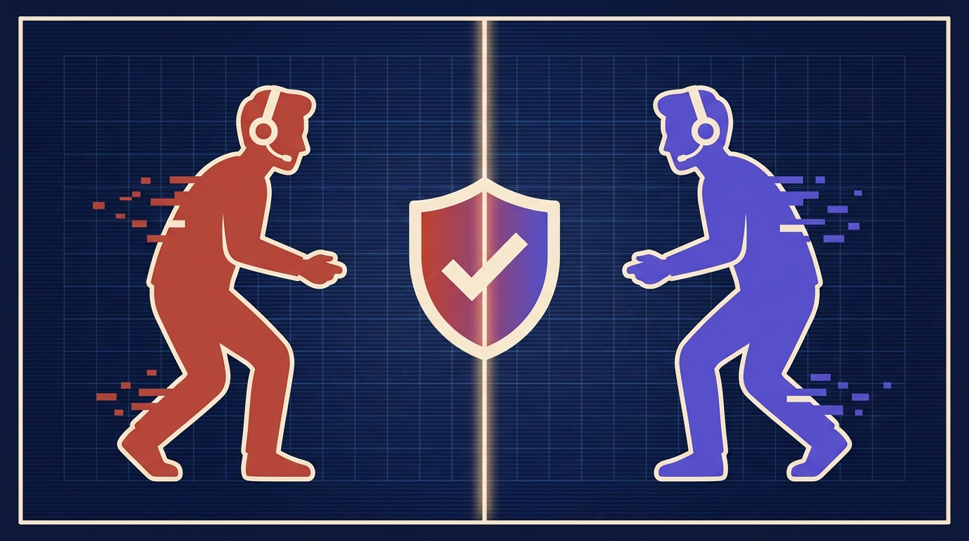 Illustration editoriale : deux silhouettes de joueurs stylises face a face, rouge a gauche et violet a droite, separees par un trait vertical, avec un bouclier coche au centre sur fond bleu marine grille.