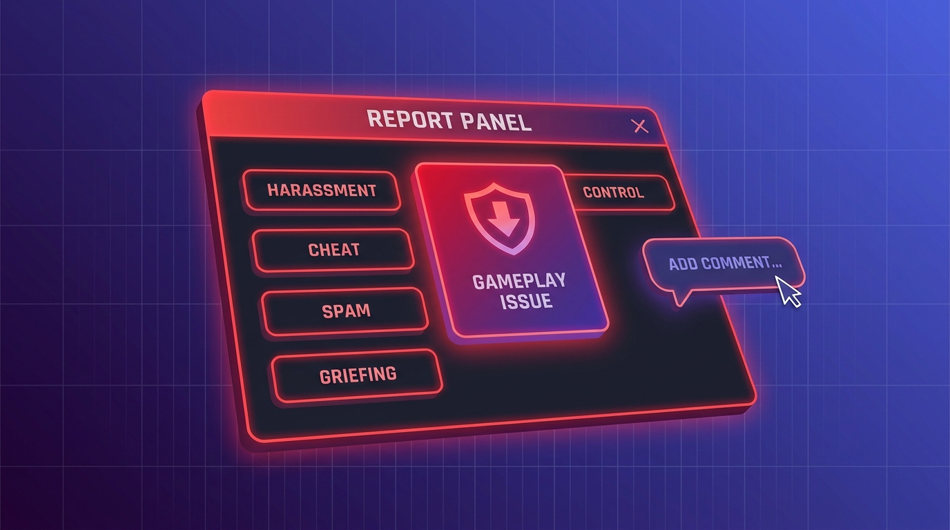 Illustration editoriale : panneau de signalement en jeu stylise avec categories de motif, fond gradient bleu-violet grille, sans interface reelle de jeu.
