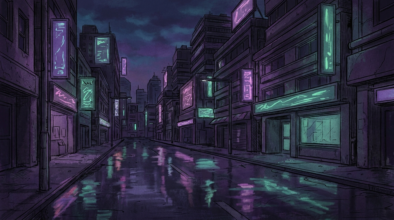 Rue de ville cyberpunk déserte la nuit, néons violets et verts se reflétant sur l'asphalte mouillé.