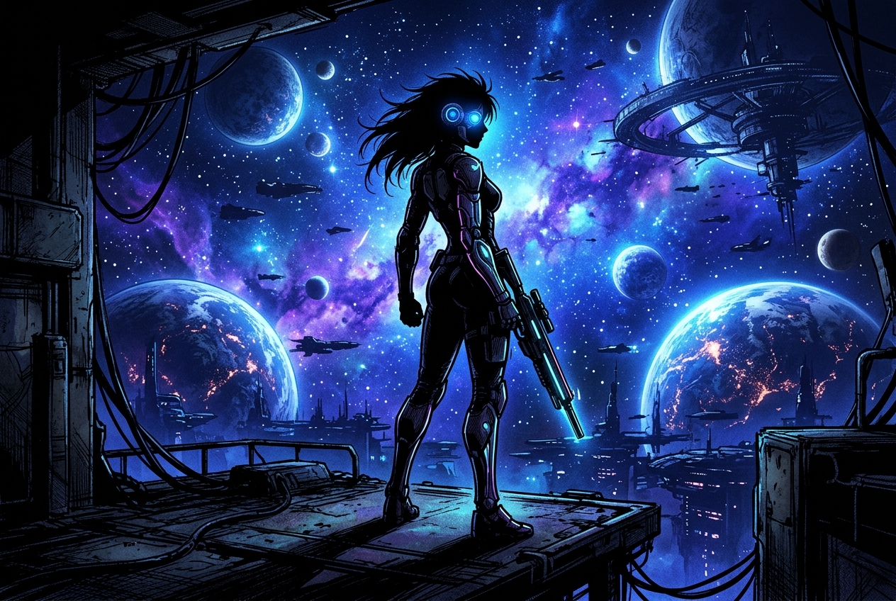 Couverture d'un volume de Gunnm Last Order : silhouette de guerrière cyborg dans un décor spatial bleuté.