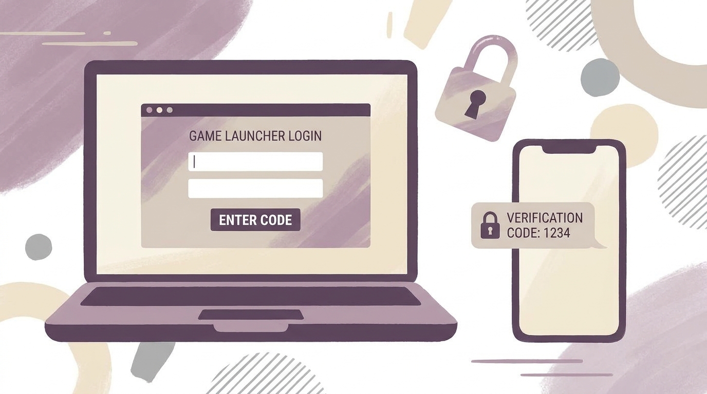 Illustration editoriale : ordinateur portable et smartphone cote a cote, l'ecran d'ordinateur montre une fenetre de connexion avec code de verification, le smartphone affiche un code 1234, cadenas flottant au-dessus, palette violet et beige.