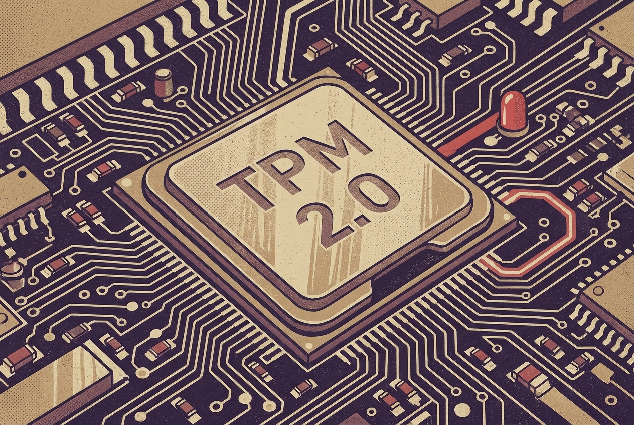 Microchip TPM 2.0 en gros plan sur circuit imprime, palette beige, purple, rouge, traces PCB en arriere-plan