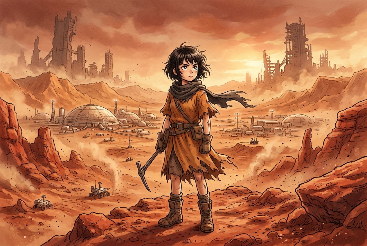 Couverture d'un volume de Gunnm Mars Chronicle : décor martien ocre avec une jeune fille cyborg au premier plan.