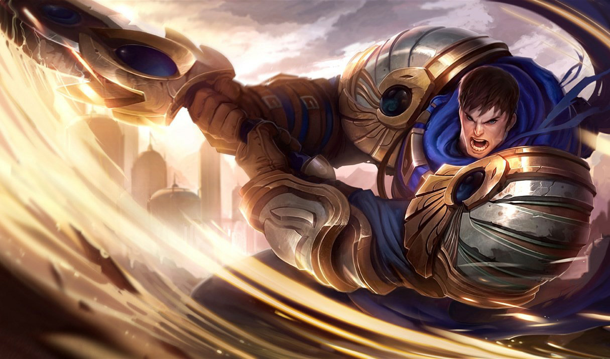Splash art officiel League of Legends : Garen, guerrier lourd de Demacia à l'armure dorée et à l'épée massive, posture héroïque.