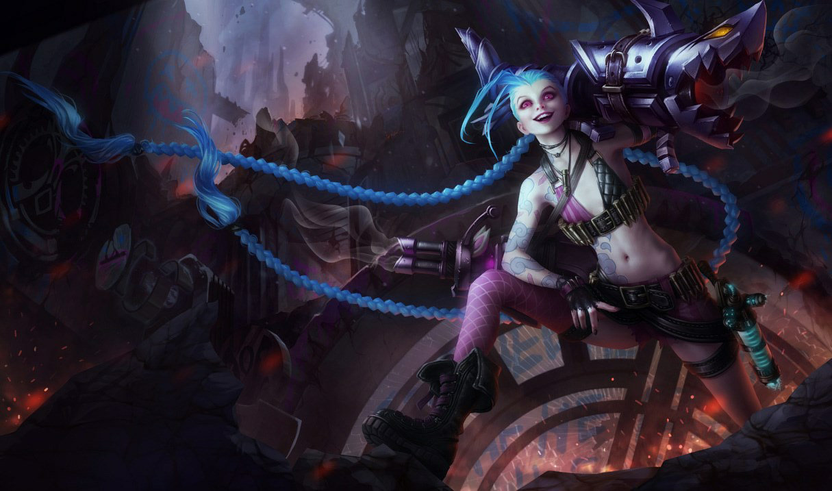Splash art officiel League of Legends : Jinx, personnage aux cheveux bleus longs tenant le minigun Fishbone, fond mech rocailleux.