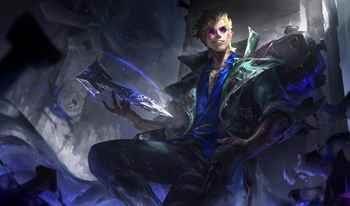 Splash art officiel League of Legends : Locke, champion sorti en 2026, design moderne dans un décor sombre.