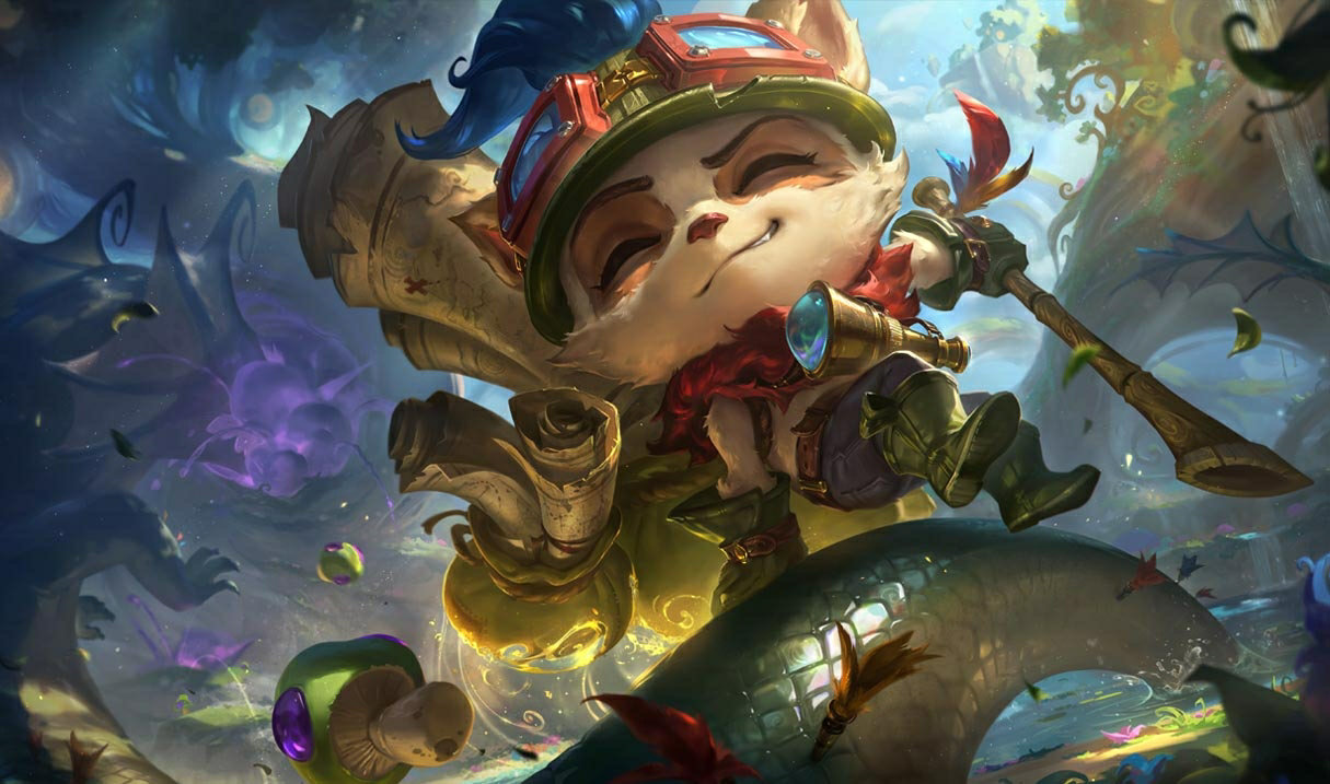 Splash art officiel League of Legends : Teemo, yordle pilote de reconnaissance tenant un lance-pierre, environnement forestier et ciel bleu.