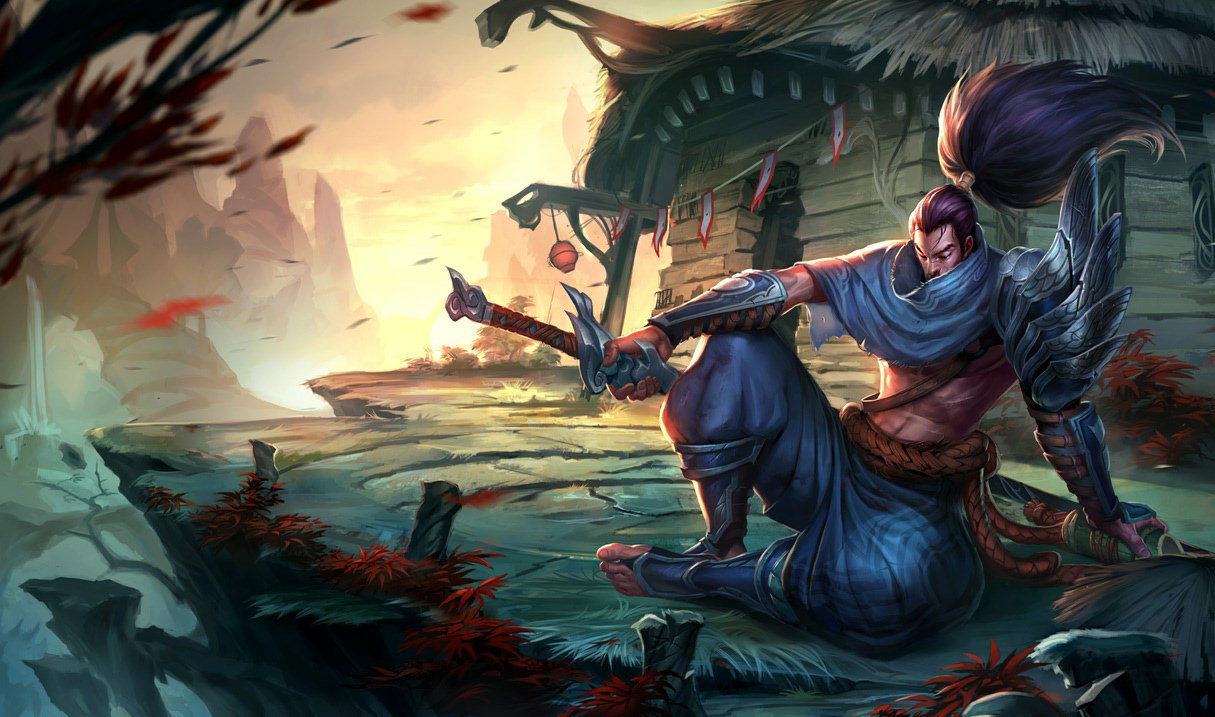 Splash art officiel League of Legends : Yasuo, samouraï aux cheveux longs violet tenant une katana, décor de lierre et de pierres avec coucher de soleil.