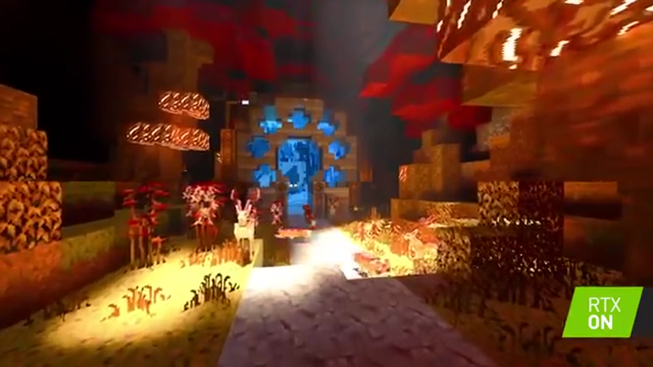 Capture in-game Minecraft avec badge vert RTX ON : monde voxel Minecraft éclairé en ray-tracing.