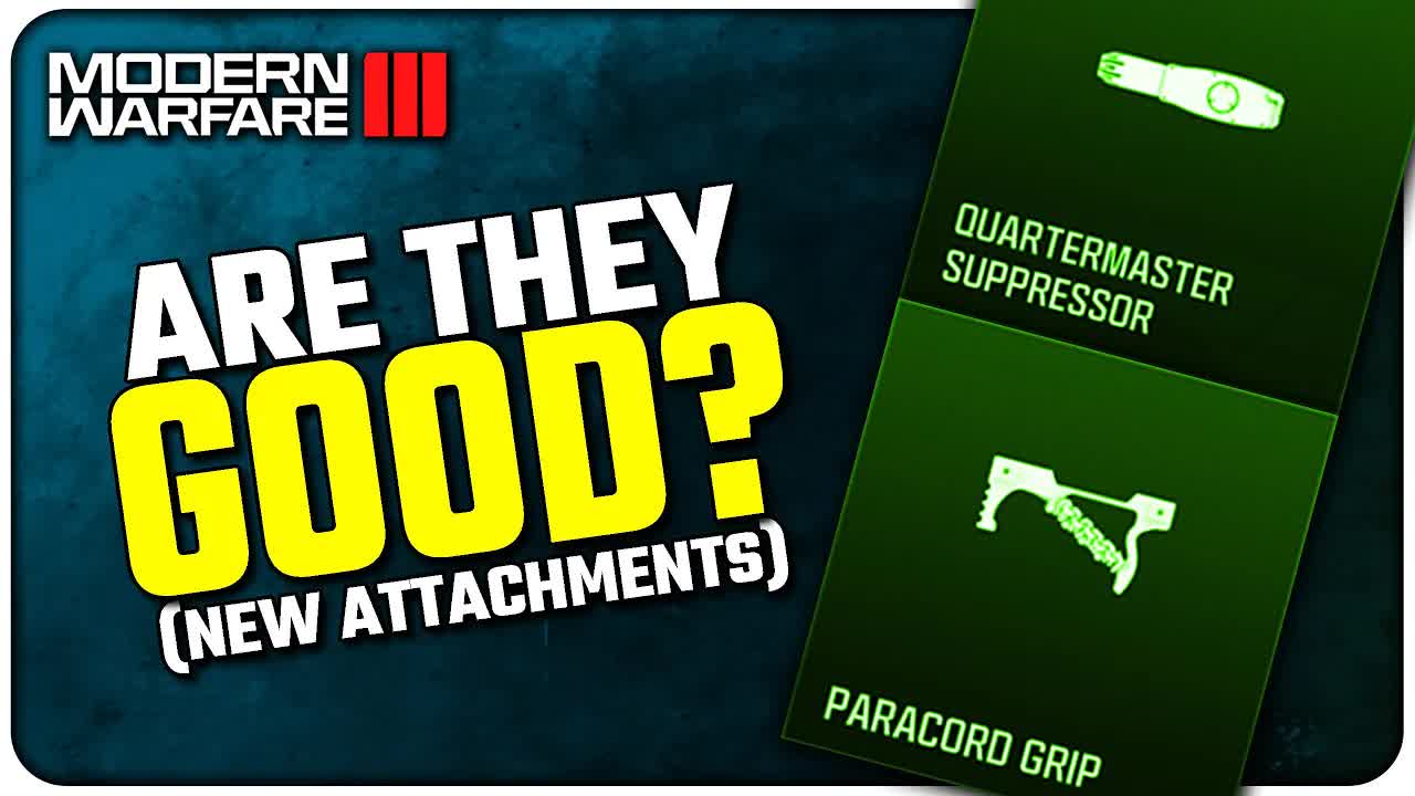Capture du menu MW3 montrant le Quartermaster Suppressor et le Paracord Grip sous canon, attributs verts pour deux accessoires ajoutés à la Saison 5