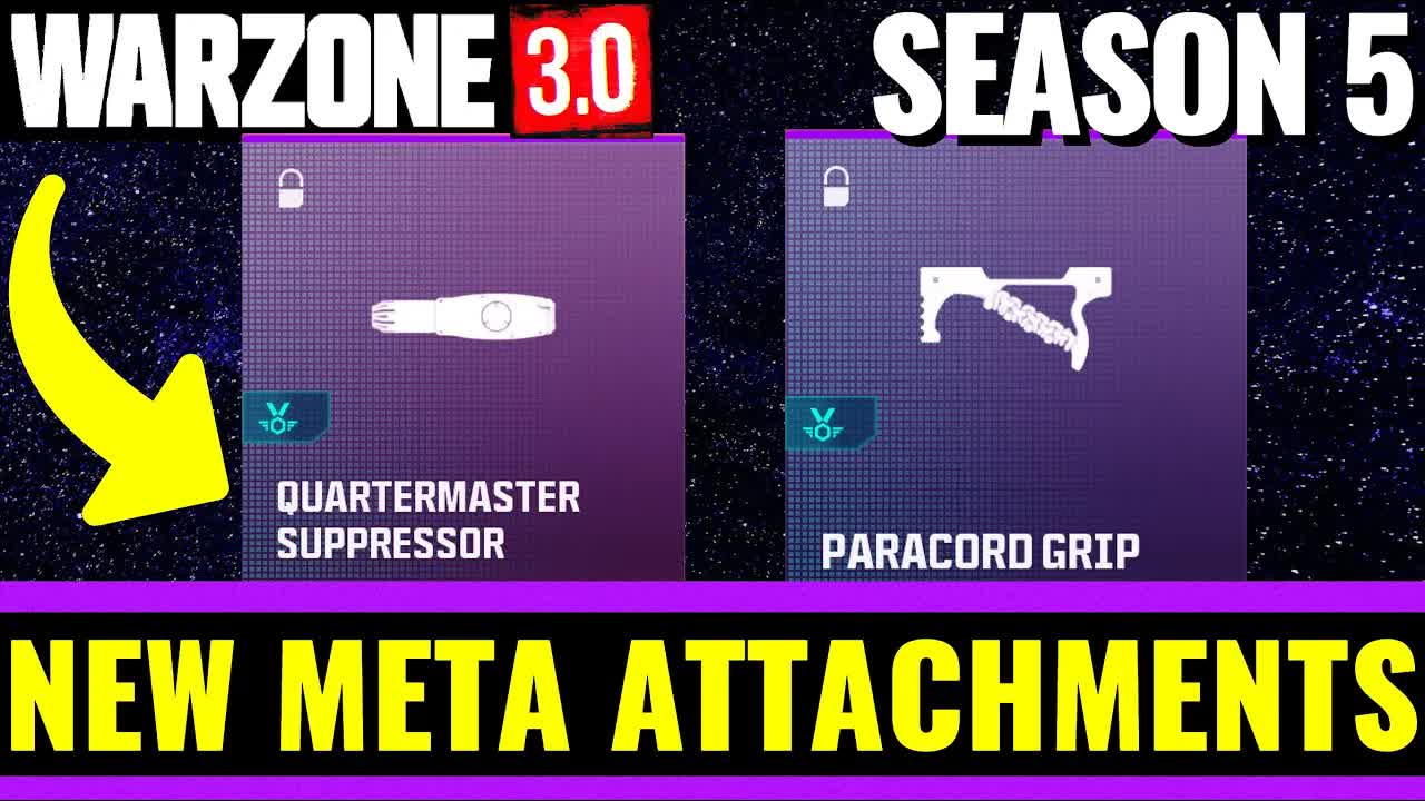 Visuel Warzone 3 Saison 5 presentant le Quartermaster Suppressor et le Paracord Grip comme nouveaux meta attachments