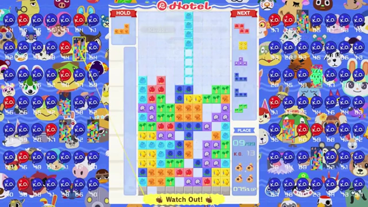 Capture in-game de Tetris 99 Nintendo Switch Online : grille Tetris classique avec pièces I O T L J S Z colorées, habillage événementiel Animal Crossing visible autour.