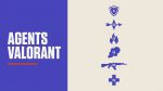Visuel editorial Decerto : titre AGENTS VALORANT en blanc sur bandeau violet a gauche, ligne accent rouge brique, 6 silhouettes minimalistes verticales (bouclier, fleche, flamme, fumee, fusil, croix) etiquees 1 a 6 a droite, fond beige.