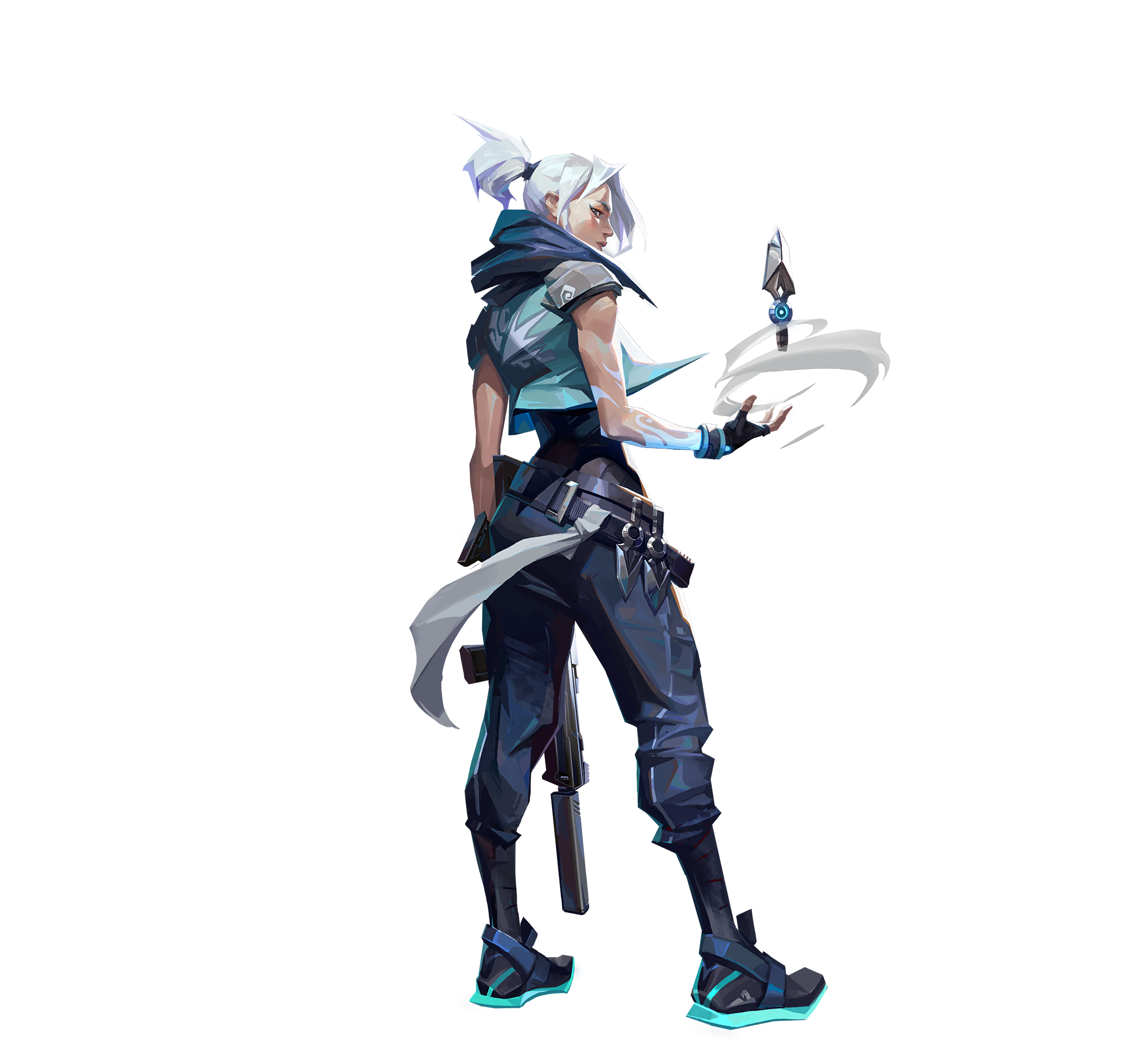 Portrait officiel de l'agent Jett de Valorant : jeune femme aux cheveux blancs courts portant une armure high-tech violette et noire, posture de combat en pied, style Riot Games.