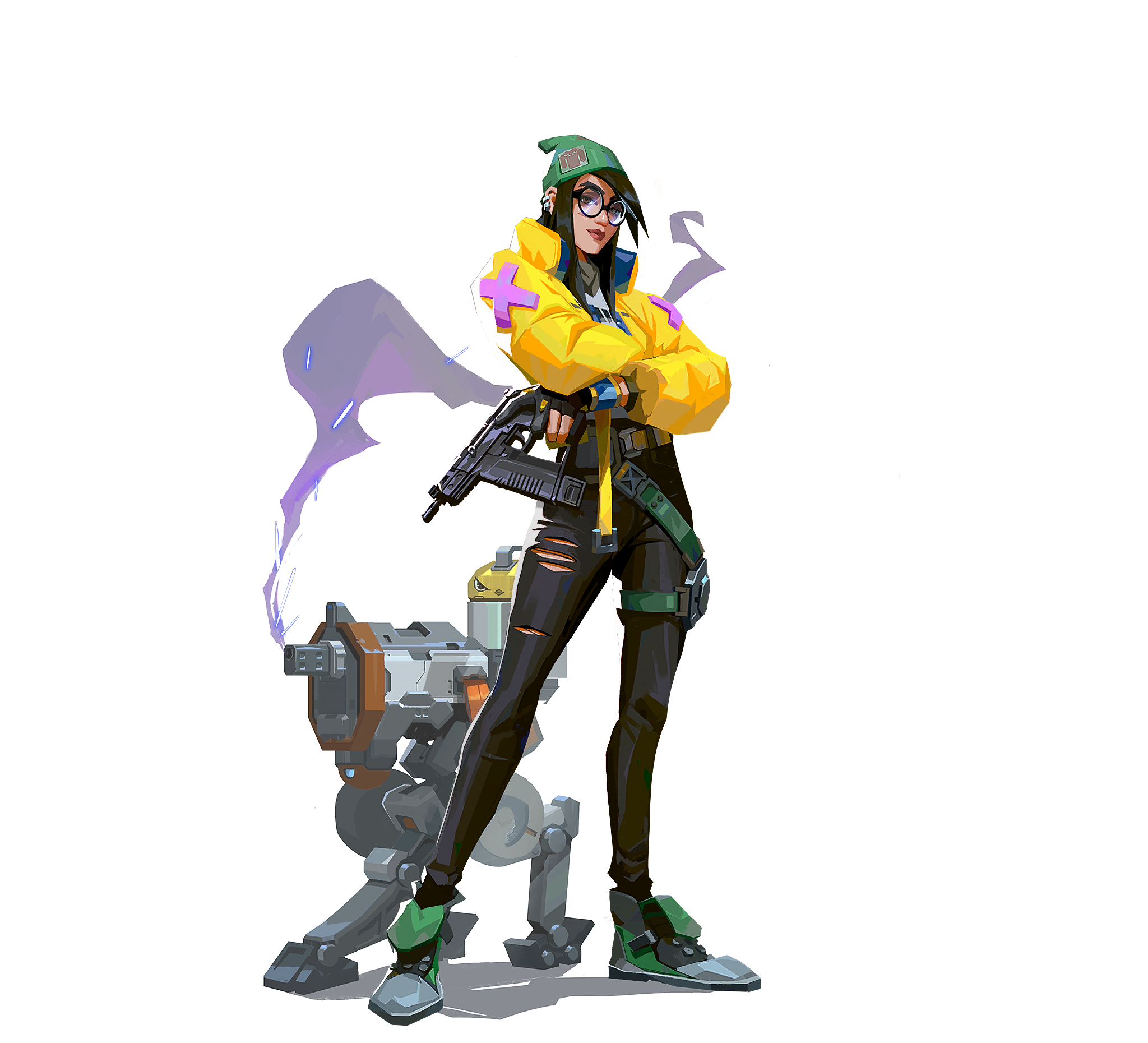 Portrait officiel de l'agent Killjoy de Valorant : jeune femme blonde avec equipement robotique et casque audio, armure jaune et noire, tourelles en fond, style Riot Games.