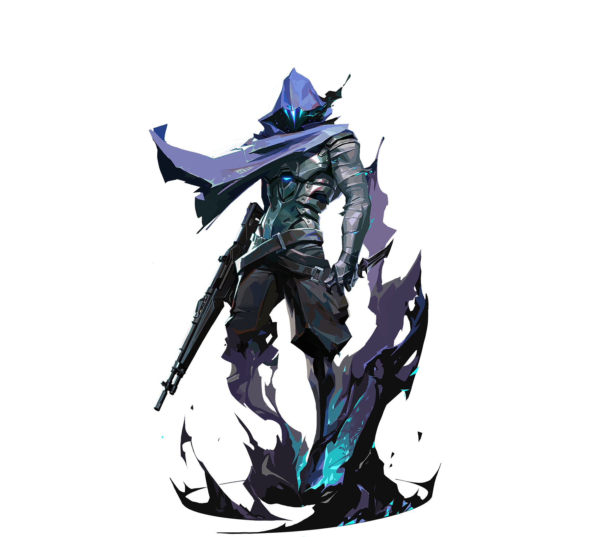 Portrait officiel de l'agent Omen de Valorant : silhouette mysterieuse capuchonnee en armure sombre, bras energetiques cyan et noirs, sans visage visible, style Riot Games.