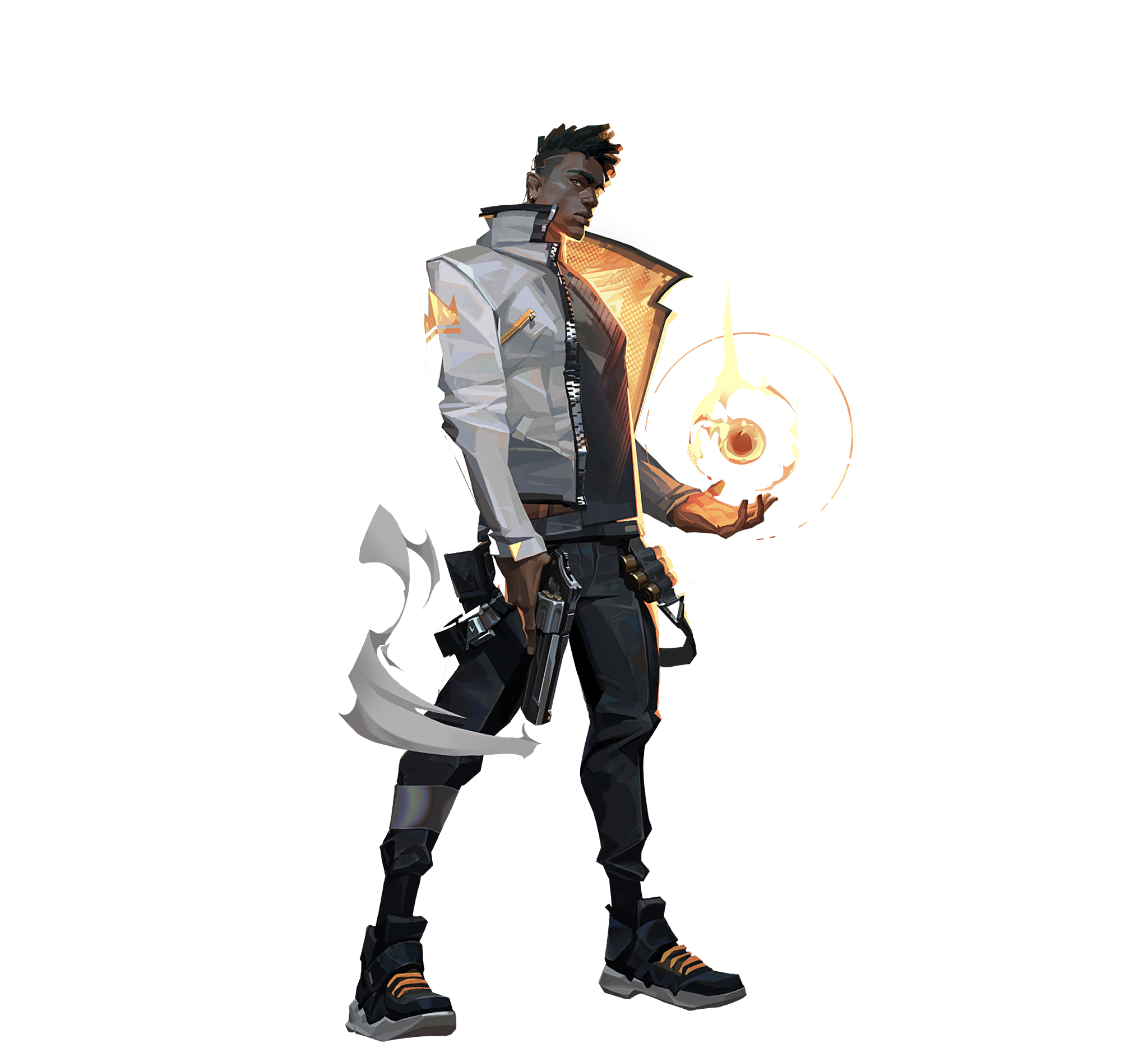 Portrait officiel de l'agent Phoenix de Valorant : jeune homme aux cheveux teints, equipement de combat bleu et orange, ambiance de feu et braise autour, style Riot Games.