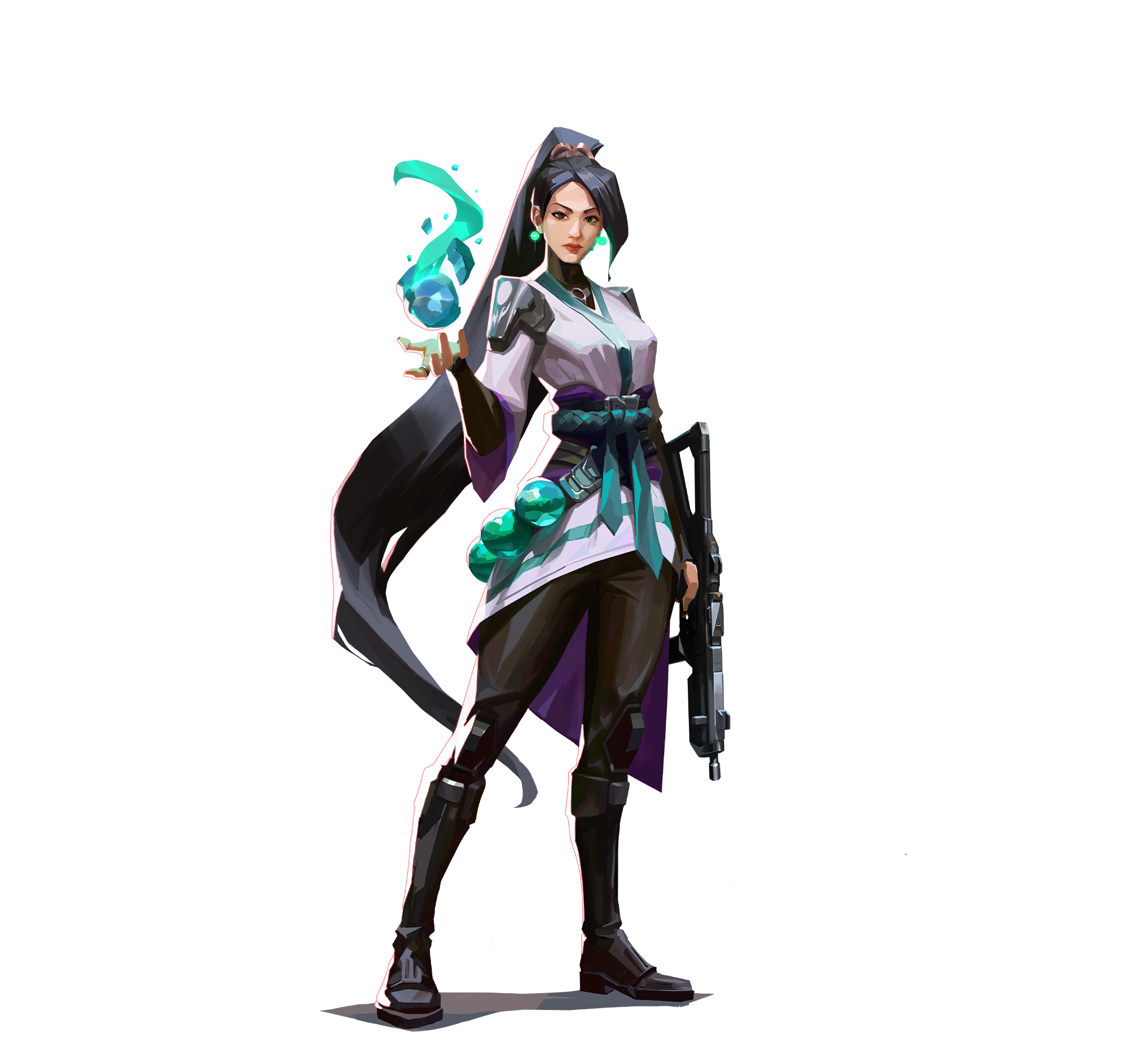 Portrait officiel de l'agent Sage de Valorant : jeune femme aux cheveux noirs longs portant une robe blanche et or, sortilege cyan flottant dans la main droite, style Riot Games.